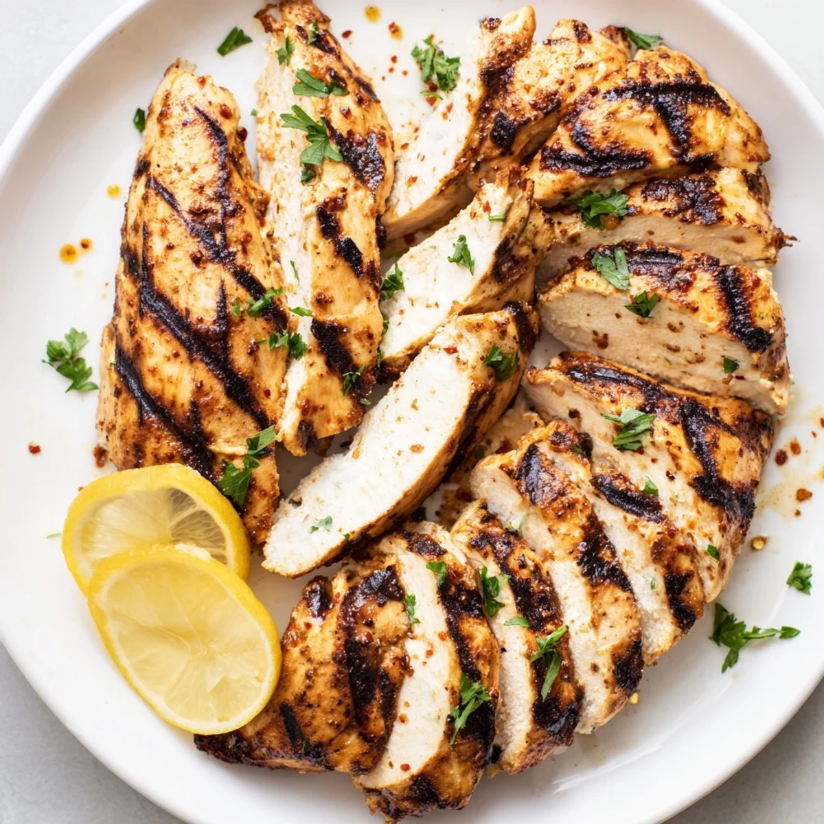Juicy sliced Greek yogurt marinated chicken topped with fresh parsley and lemon wedges