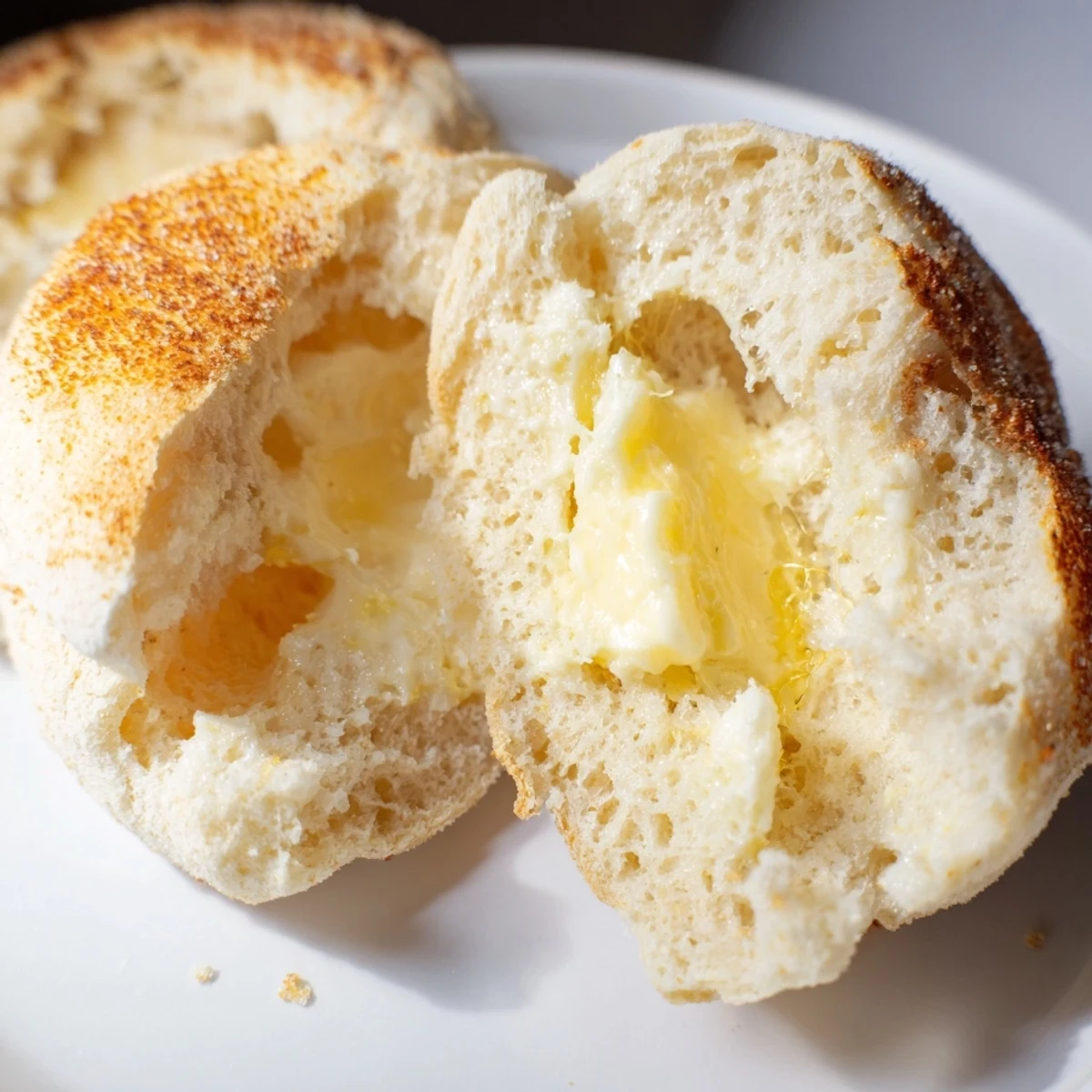 Golden brown homemade English muffins cooling on a wire rack with signature nooks and crannies