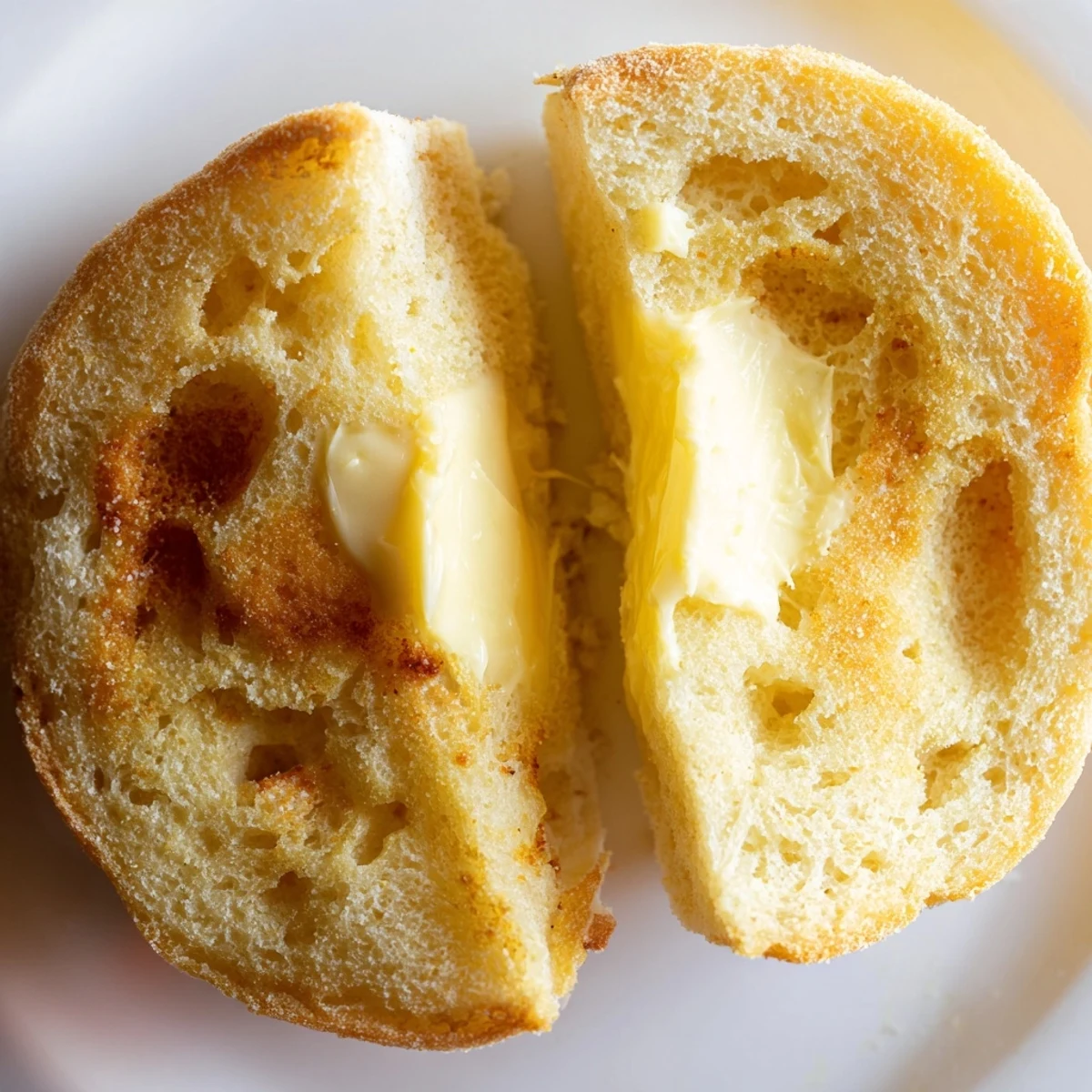 Split homemade English muffins showing airy texture inside, ready for butter and jam topping
