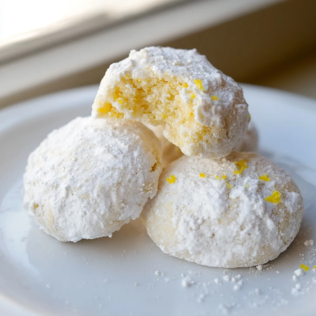 Snowy powdered sugar coats these delicate lemon meltaways on a rustic white ceramic plate beside a steaming teacup.