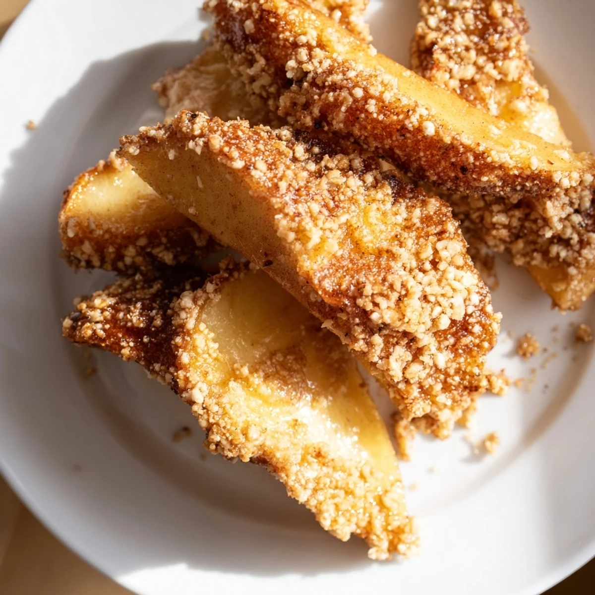 Golden crispy air fryer apple slices coated in warm cinnamon sugar on a white plate