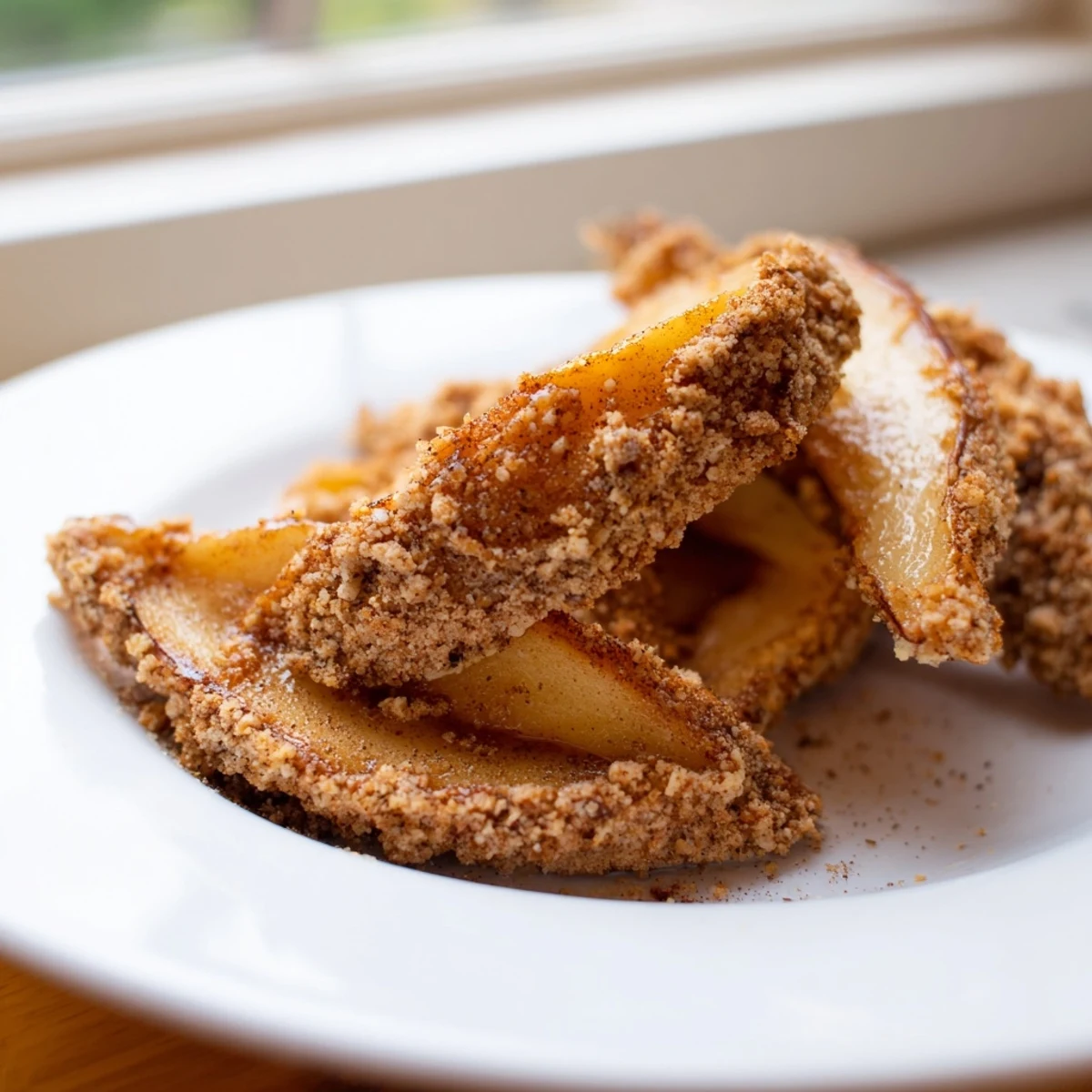 Crispy air fryer apples topped with vanilla ice cream and melty whipped cream