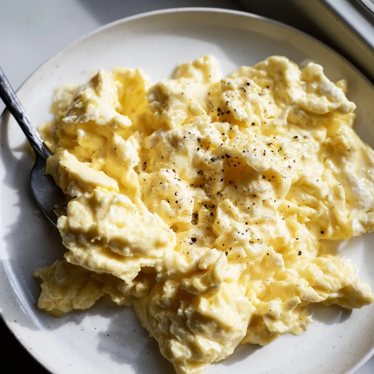 Creamy scrambled eggs piled on a plate with buttery golden curds steaming softly