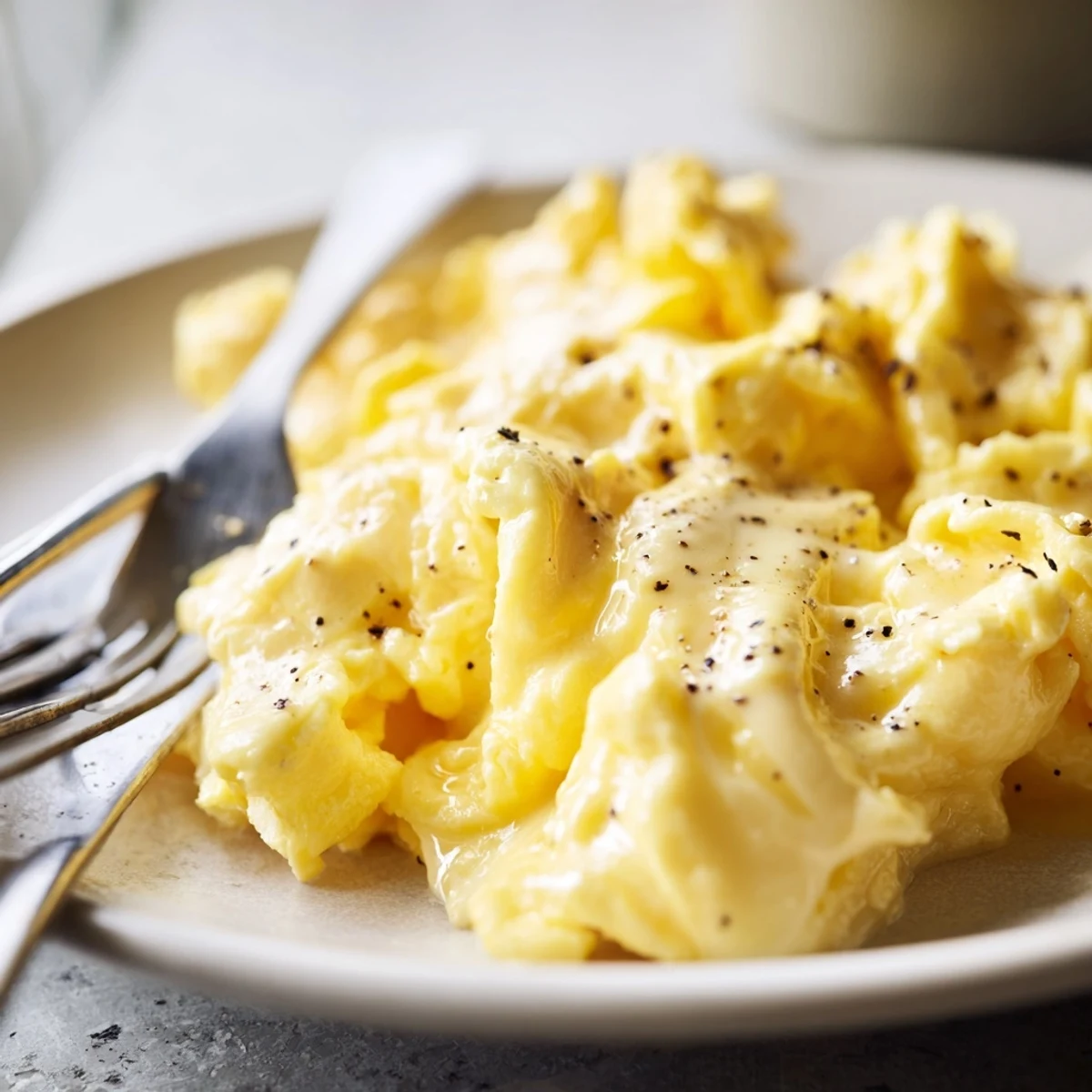 Golden scrambled eggs served on toast with a sprinkle of black pepper on top