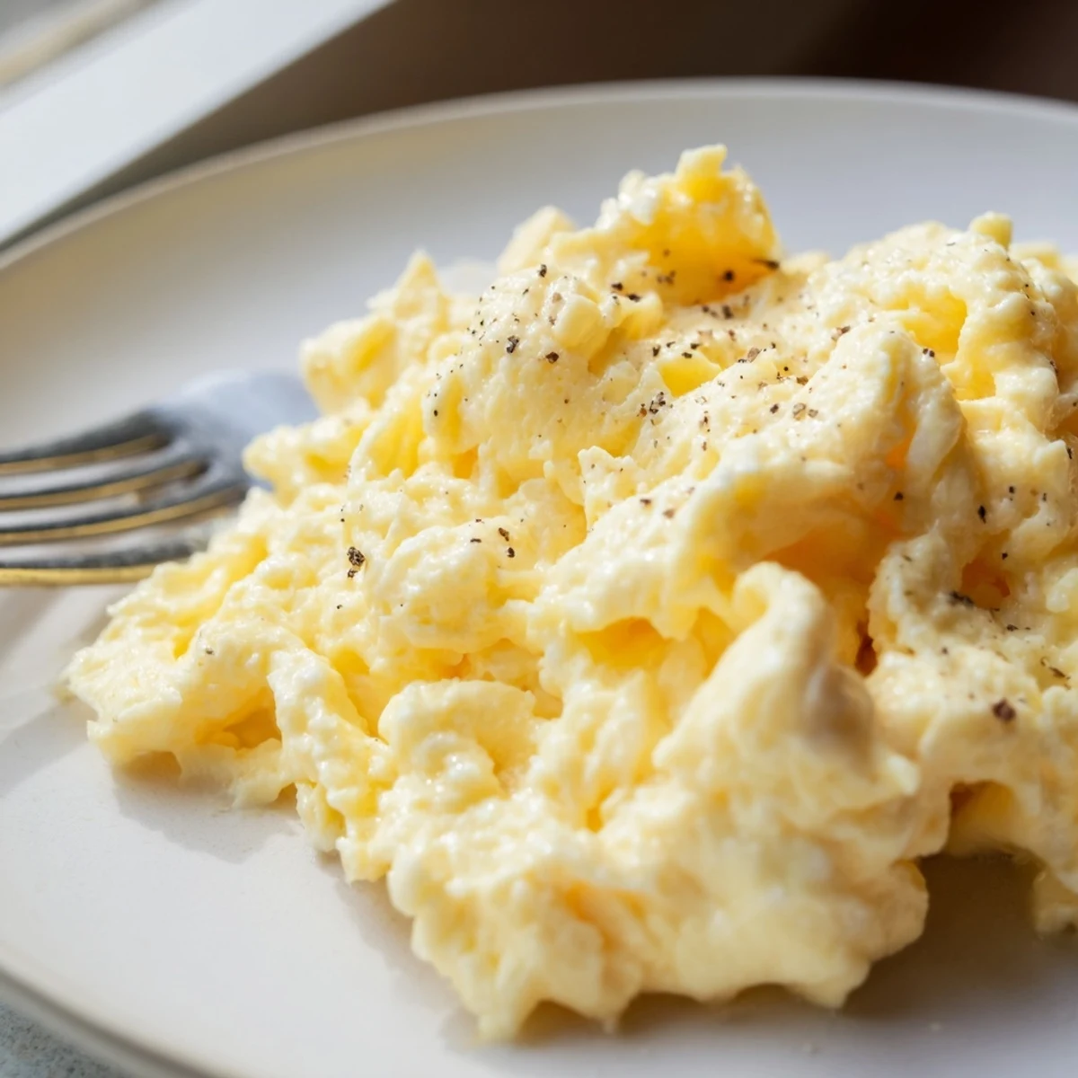 Fluffy scrambled eggs gently folded in a nonstick skillet with soft pillowy curds