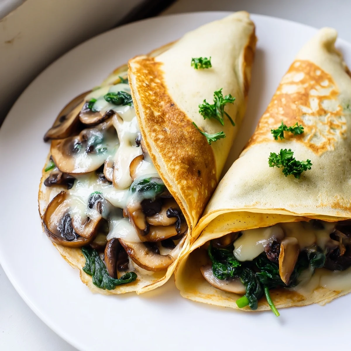 Golden savory crepes filled with sautéed spinach, mushrooms, and melted Gruyère cheese on a white plate