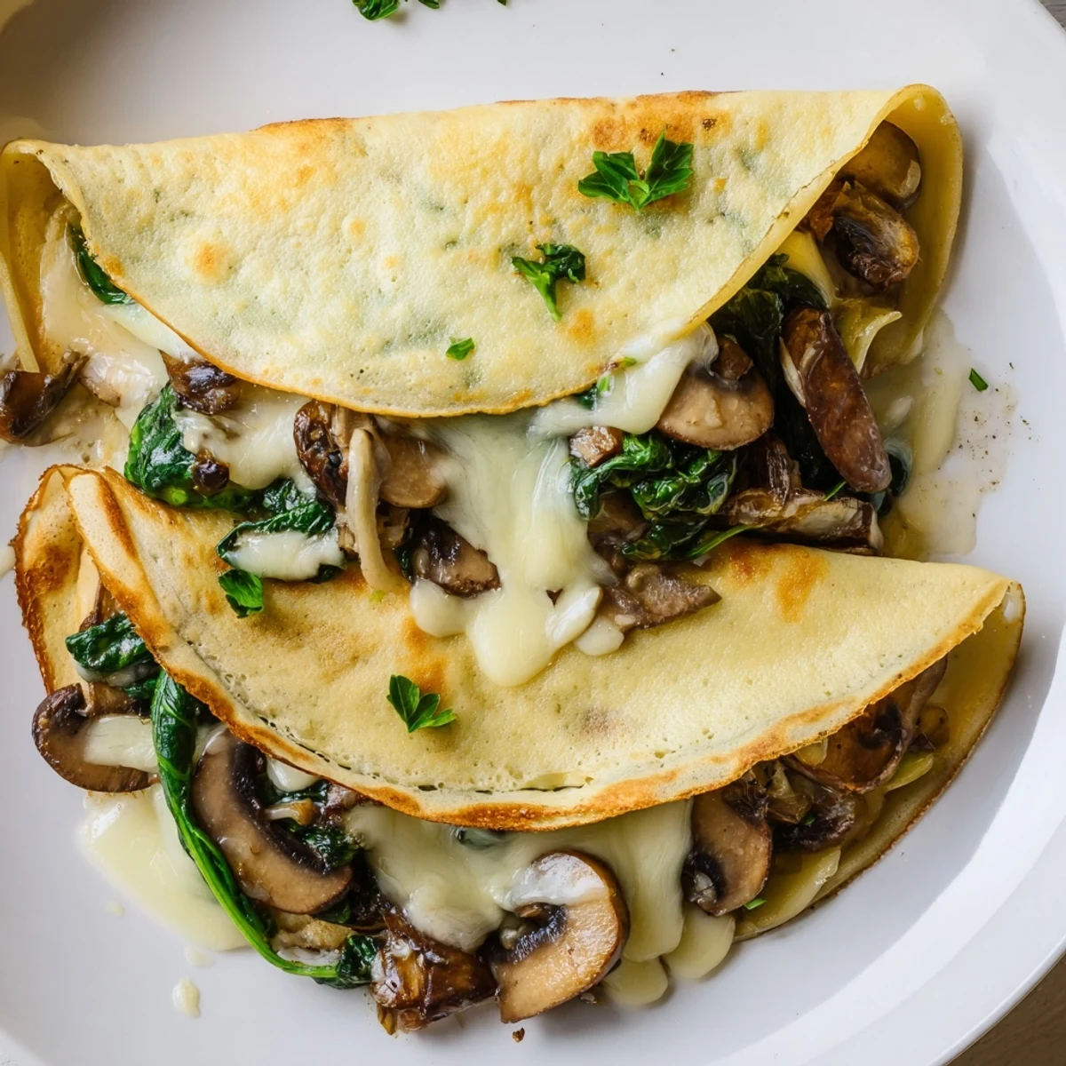 Thin French savory crepes rolled around a warm spinach and mushroom filling, topped with fresh herbs