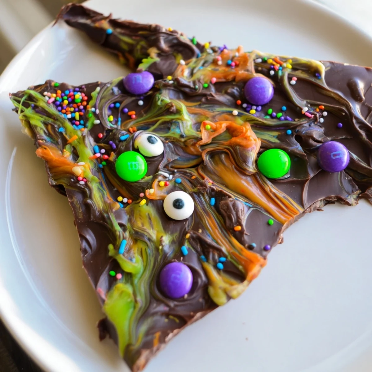 Dark and white chocolate Melting Witches Bark topped with colorful candies and sprinkles