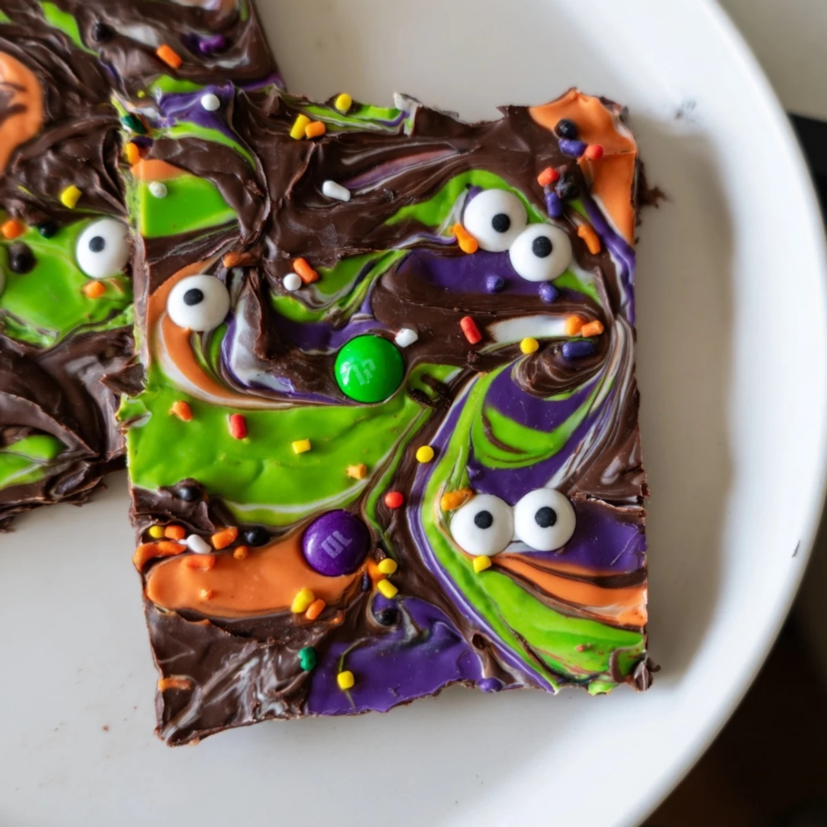 Melting Witches Bark broken into rich, marbled pieces studded with mini candy eyes