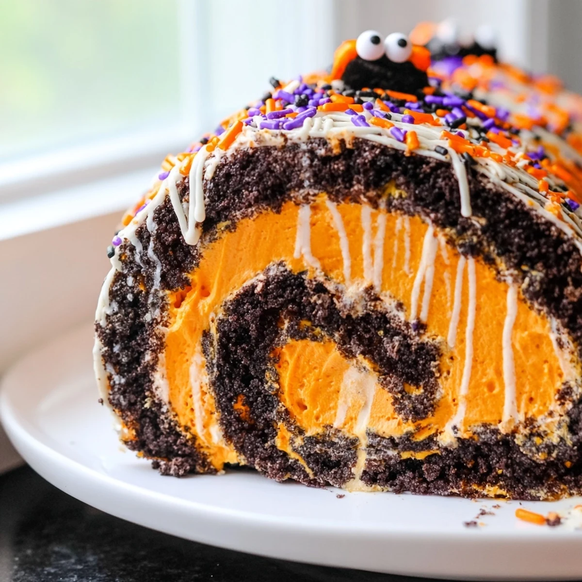 A slice of no-bake Halloween Oreo roll topped with candy eyes and chocolate drizzle
