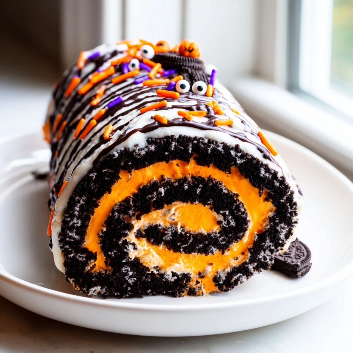 Spiraled Halloween Oreo roll log with vibrant orange whipped cream filling and spooky sprinkles