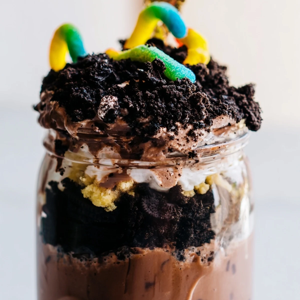 Creamy dirt pudding with chocolate cookie crumbs and gummy worms in clear cups