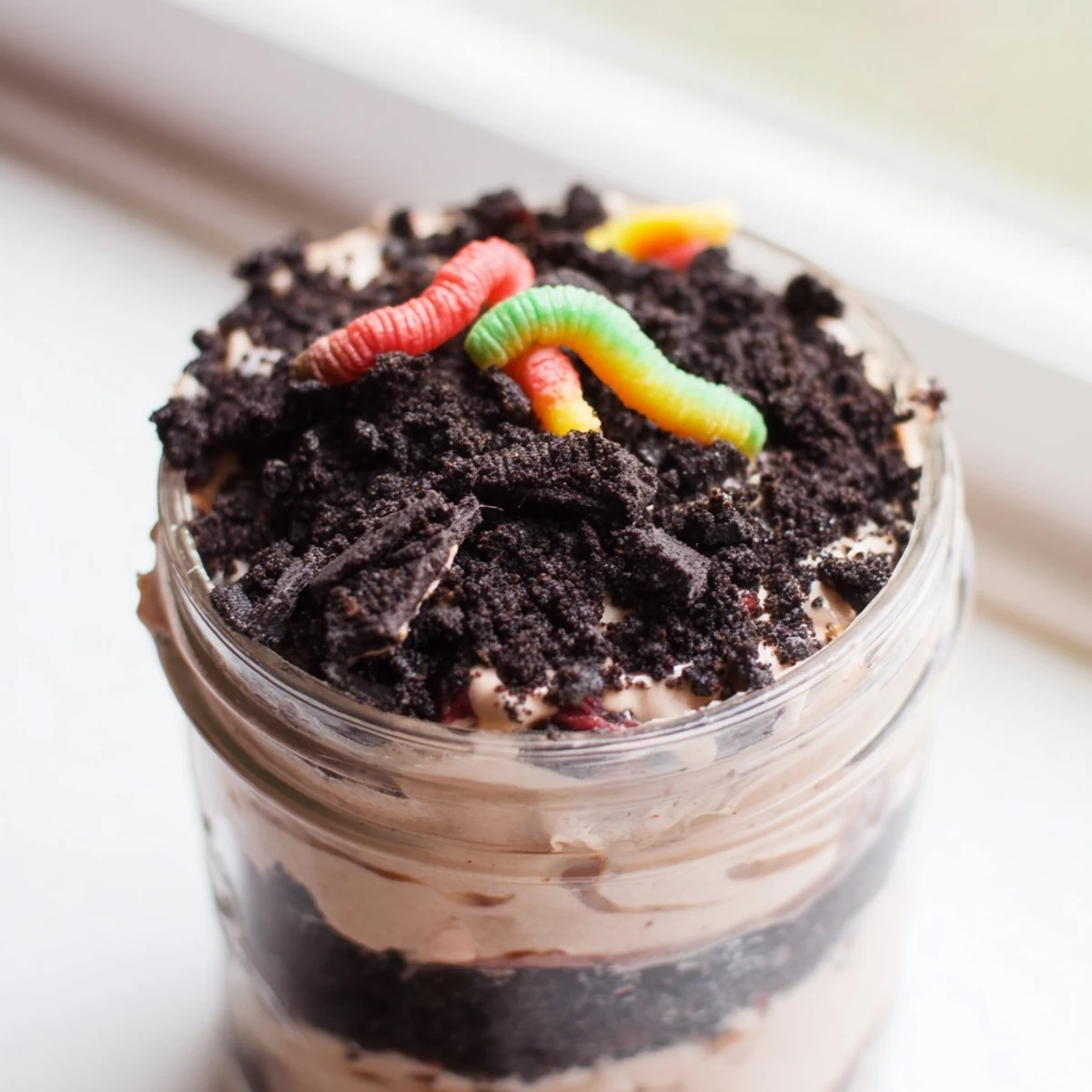 Dirt pudding dessert topped with Oreo crumbs featuring colorful candy worms peeking out