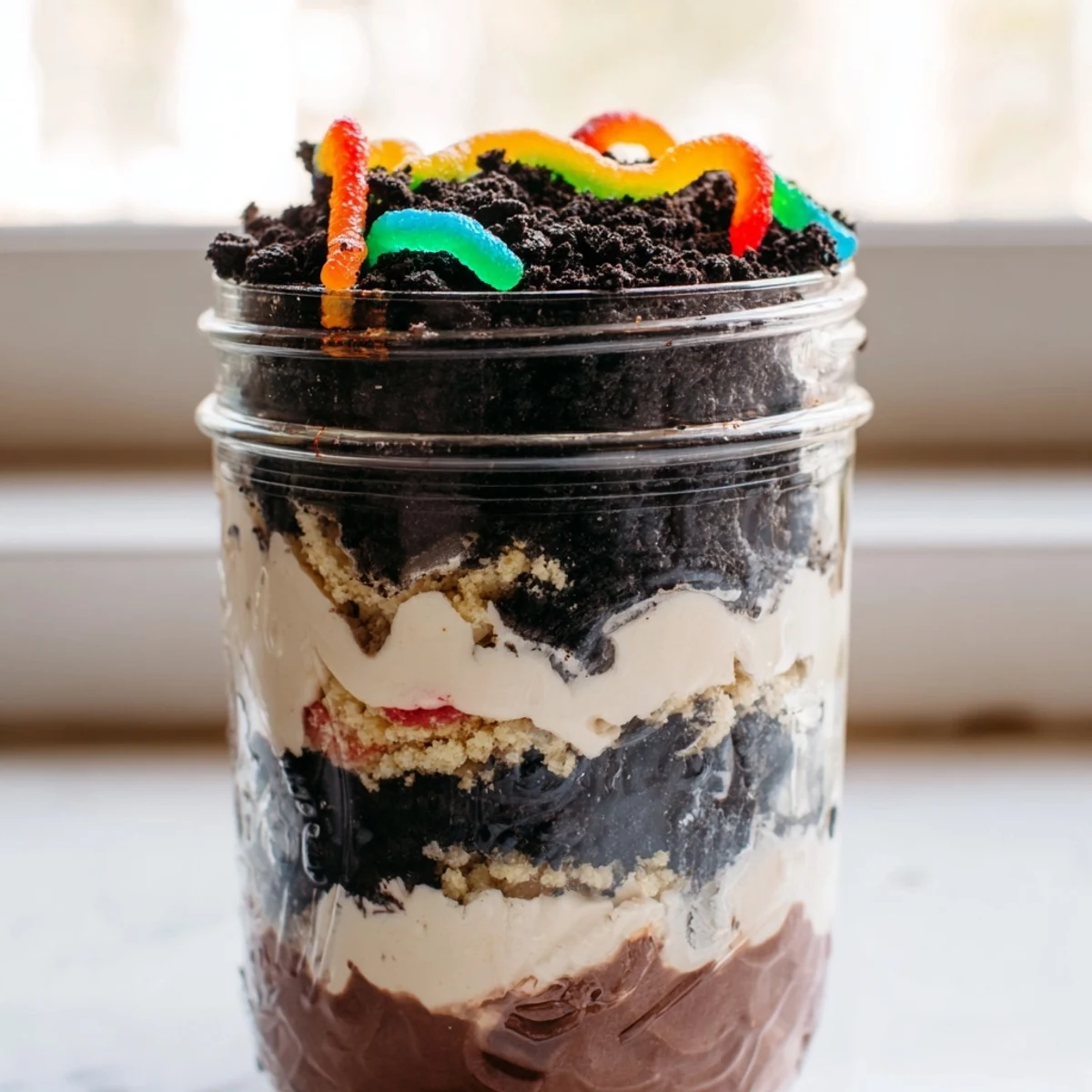 Chocolate dirt pudding layered with crushed Oreos and playful gummy worm decorations