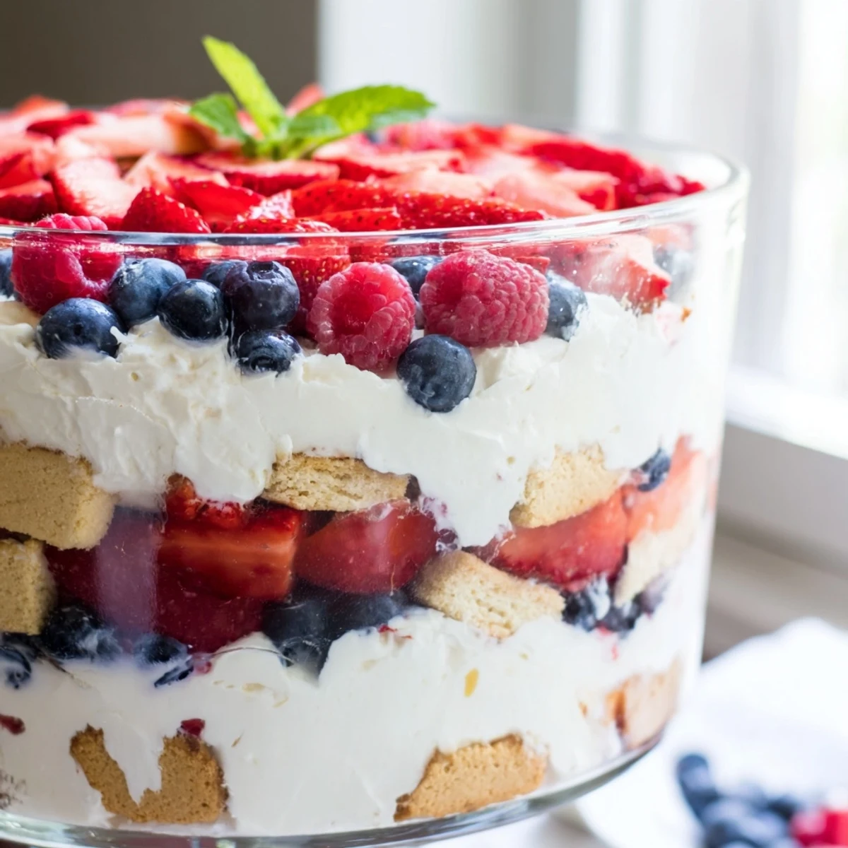 Creamy Red White Blue Mixed Berry Yum Yum layered in a glass trifle bowl