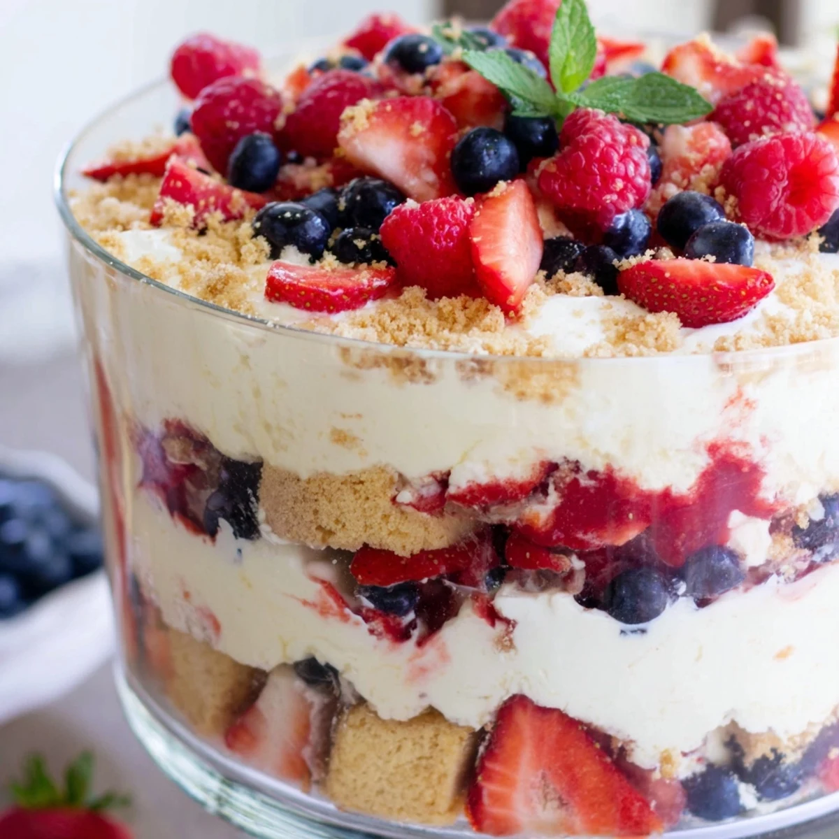 Vibrant Red White Blue Mixed Berry Yum Yum with juicy berries over a shortbread crust