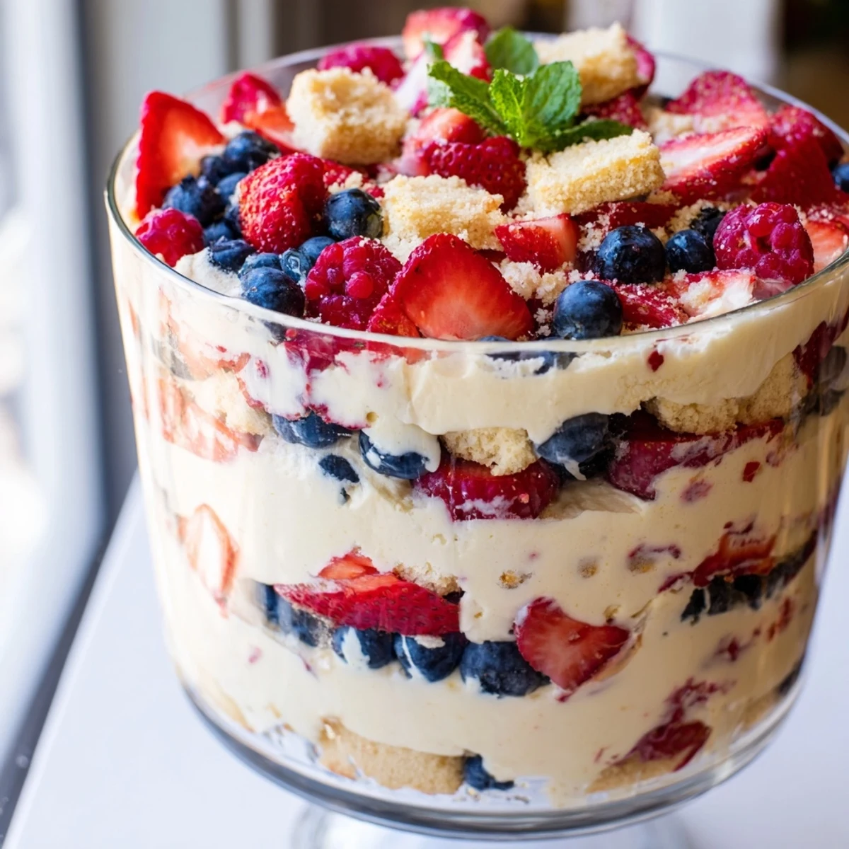 Red White Blue Mixed Berry Yum Yum topped with fresh strawberries and whipped filling