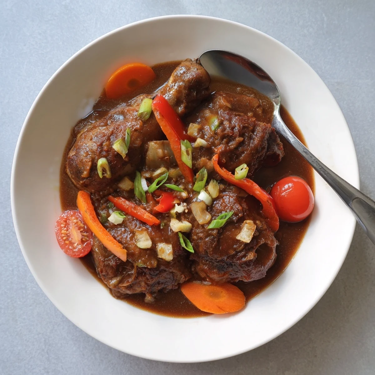 Golden seared Jamaican brown stew chicken served over fluffy white rice with plantains