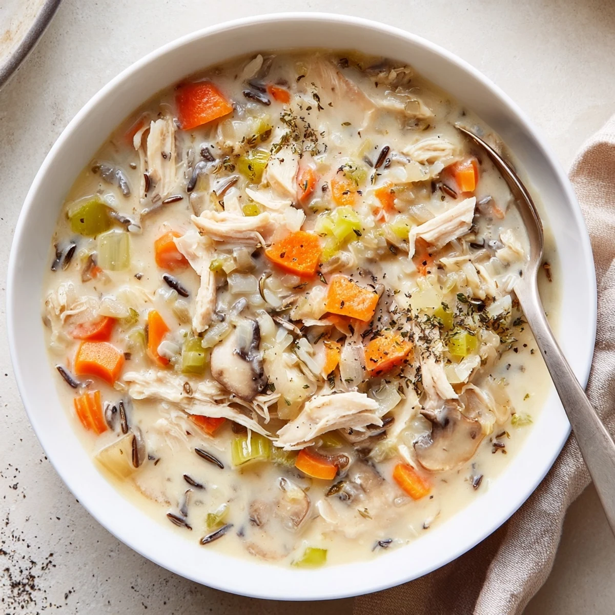 Steaming bowl of creamy slow cooker chicken mushroom wild rice soup with shredded chicken