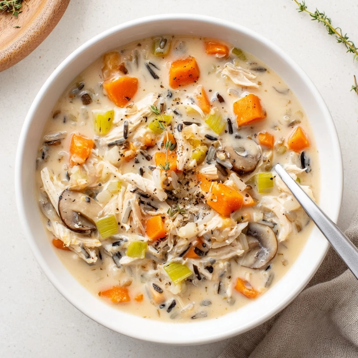 Rich slow cooker chicken mushroom wild rice soup topped with fresh thyme in a white bowl