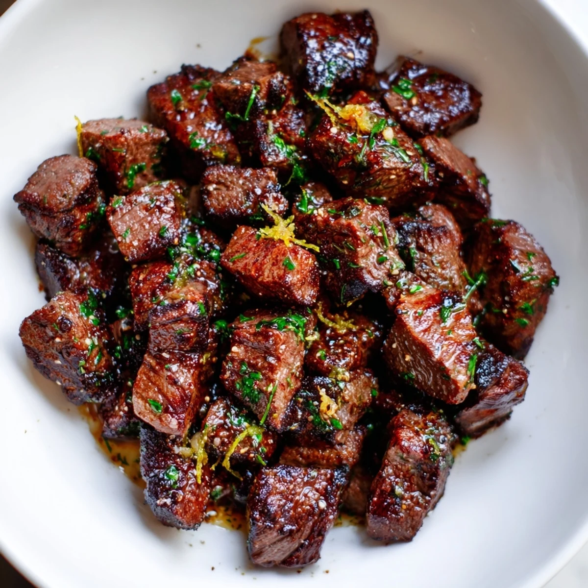 Close-up of Cowboy Butter Steak Bites sizzling in skillet, garlic and herb aroma