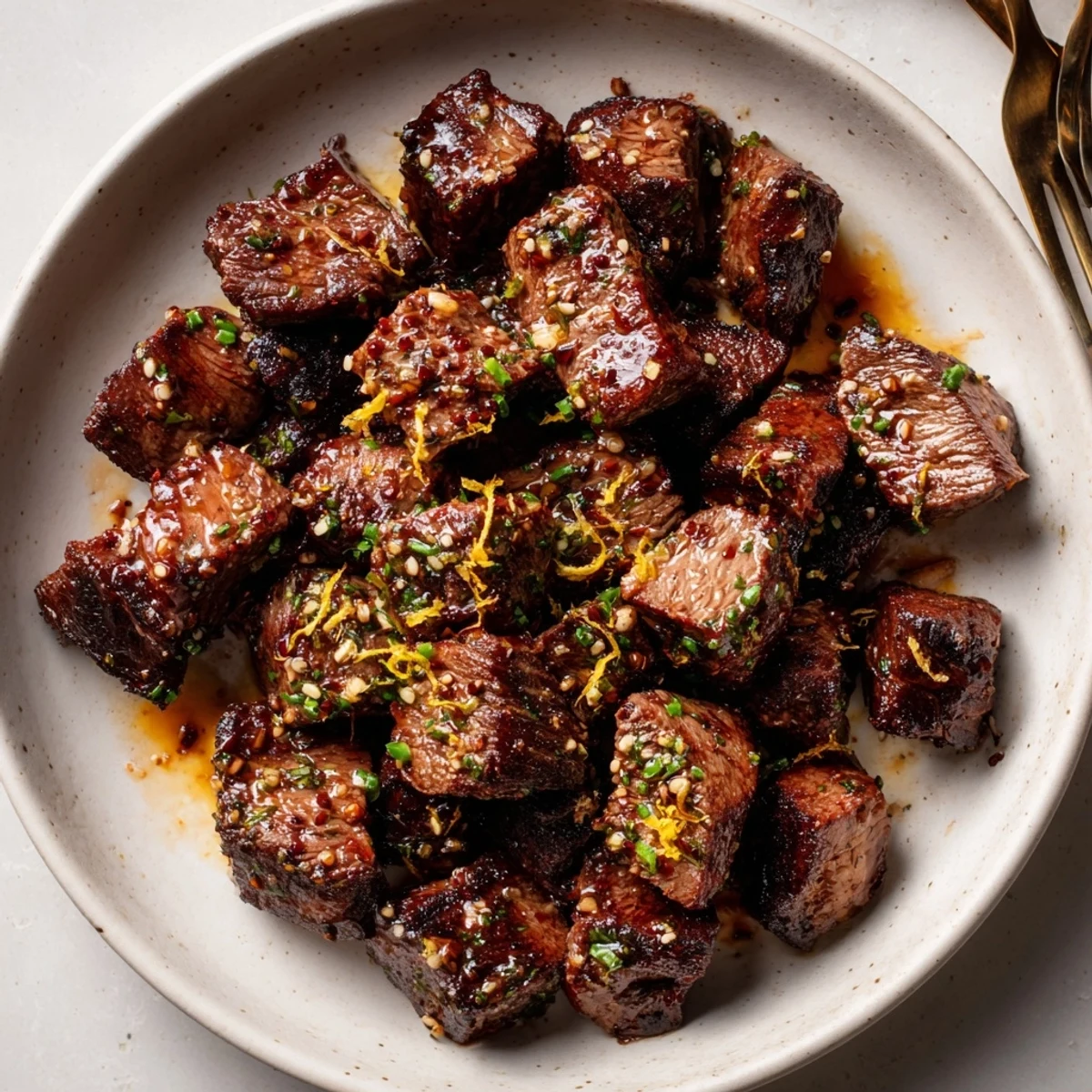 Plated Cowboy Butter Steak Bites glistening with butter, served with roasted potatoes