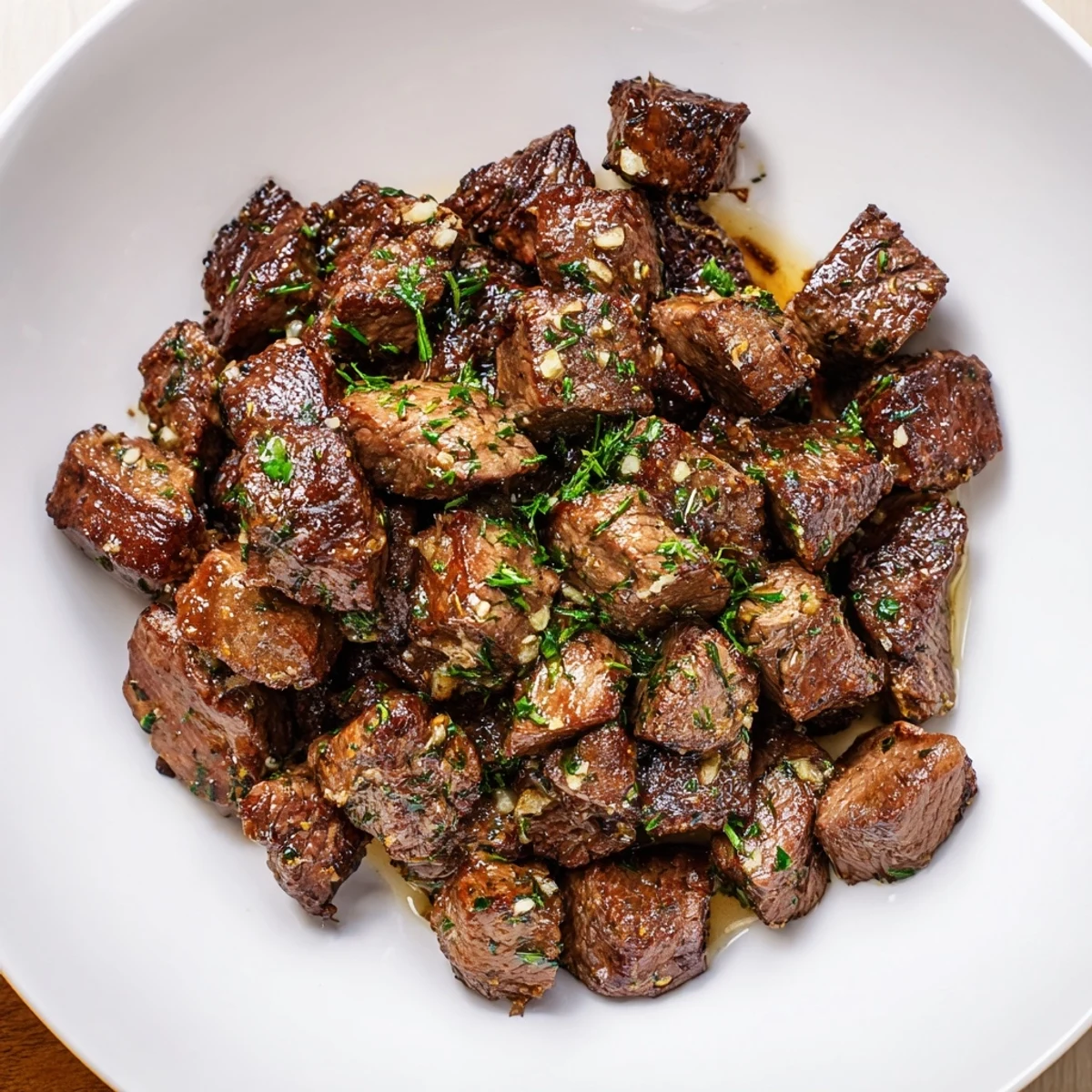 Fork spearing Cowboy Butter Steak Bites, tender centers, zesty lemon and herbs