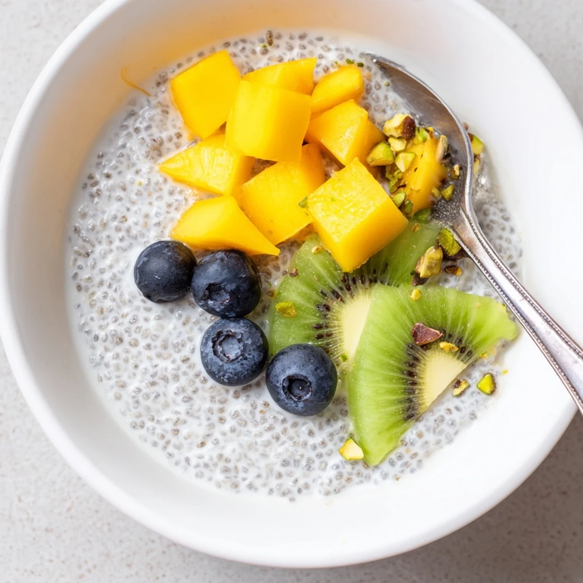 Coconut Chia Pudding topped with mango and coconut flakes, creamy texture