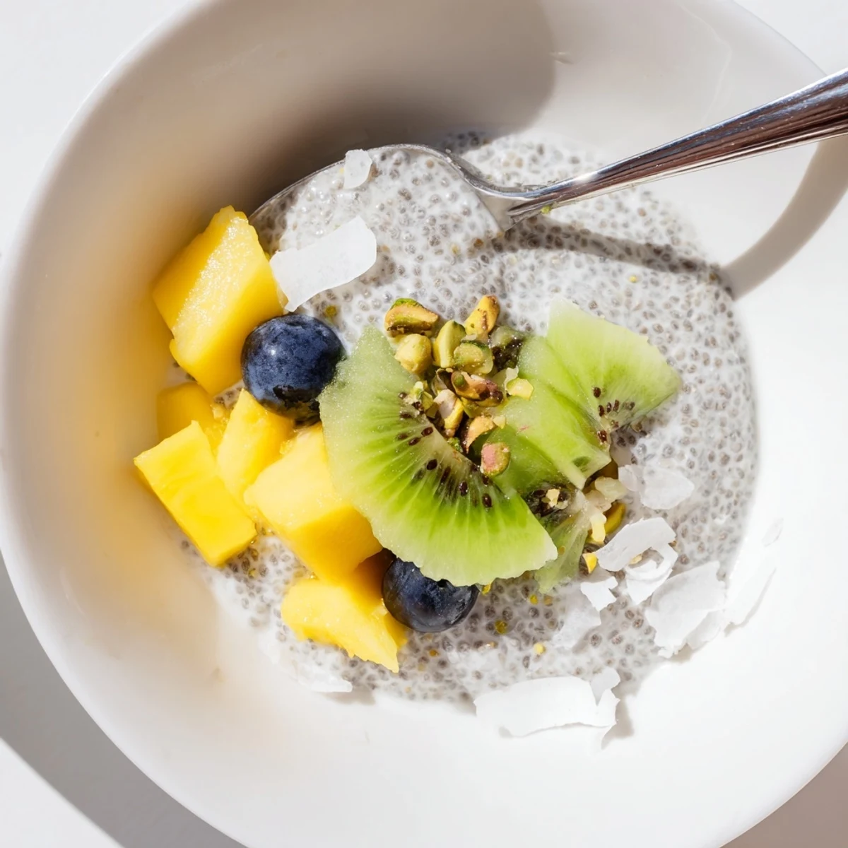 Glass jars of Coconut Chia Pudding chilled overnight, garnished with berries