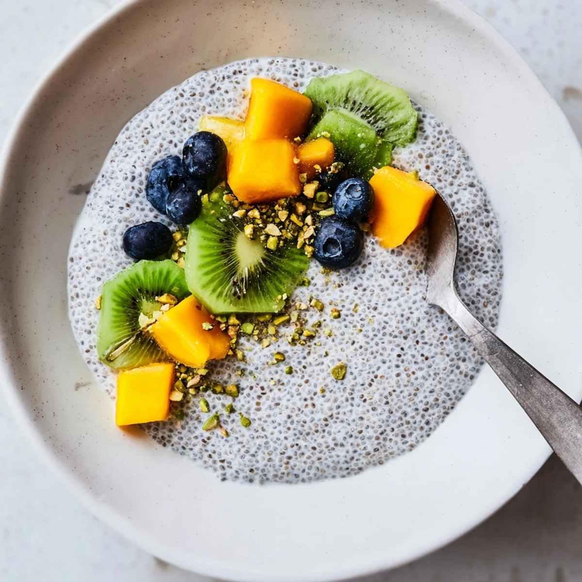 Velvety Coconut Chia Pudding spooned into bowls, drizzled with maple syrup