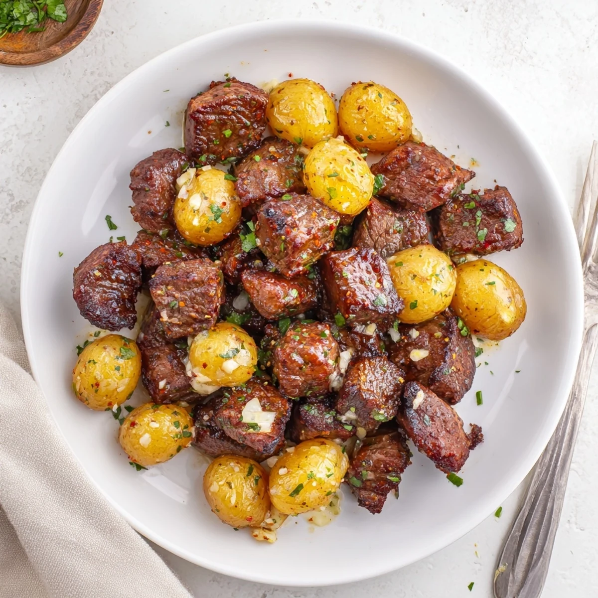 Garlic Steak Bites and Potatoes sizzling in garlic butter, herb-sprinkled finish