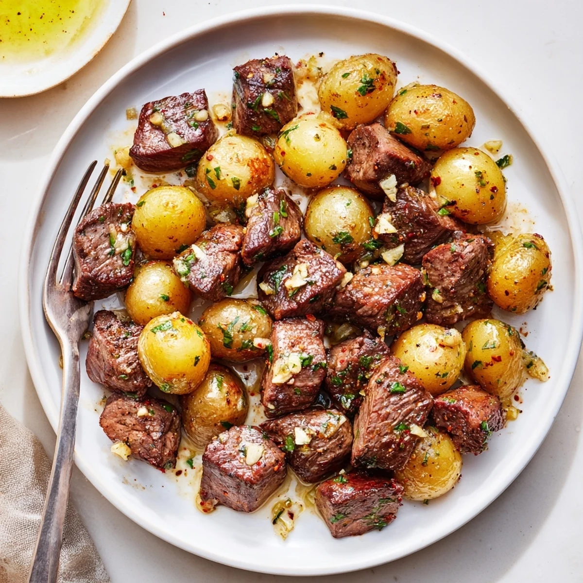 Skillet Garlic Steak Bites and Potatoes tossed with parsley, ready to serve