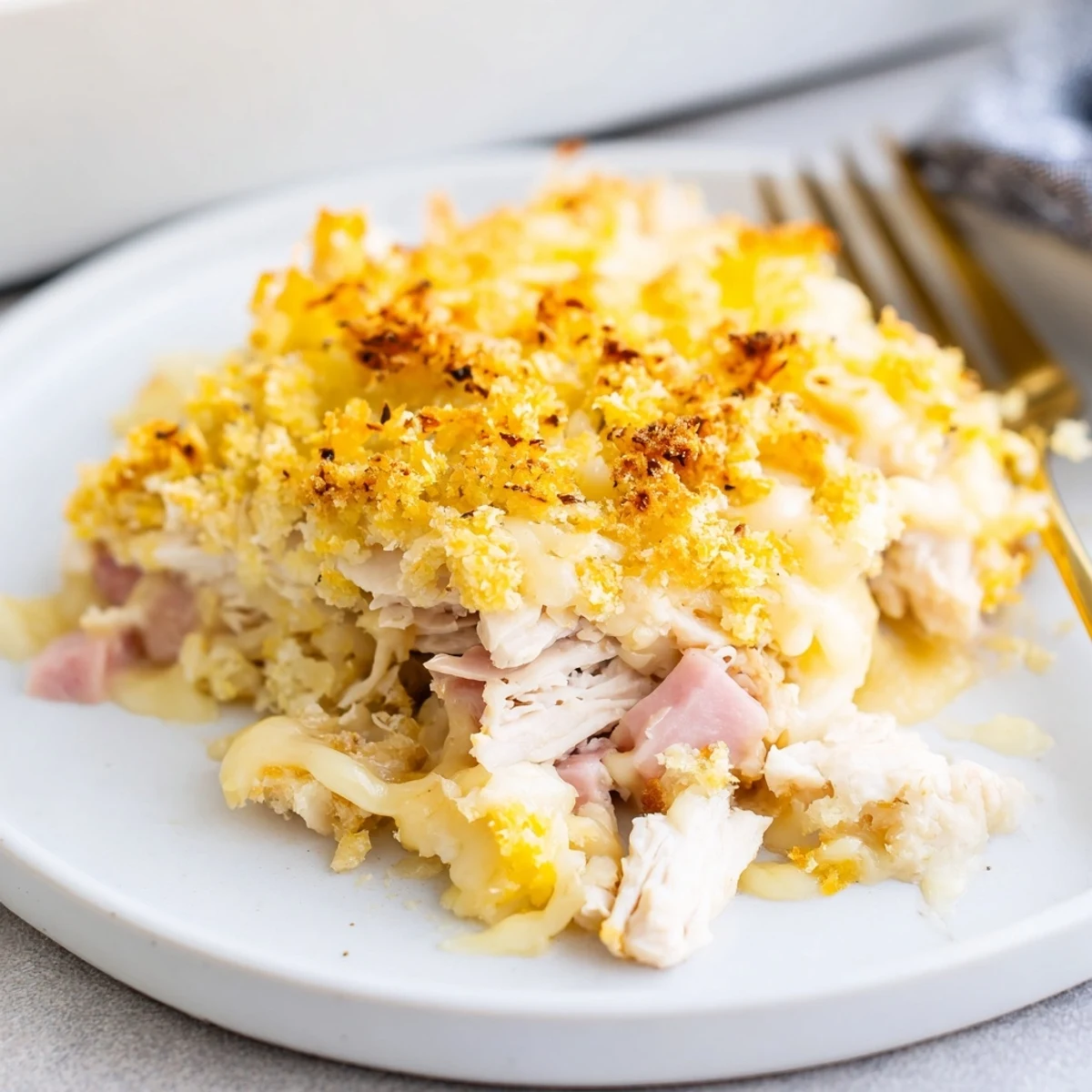 Aromatic melted Swiss and ham layered, baked until golden, Chicken Cordon Bleu Casserole Recipe