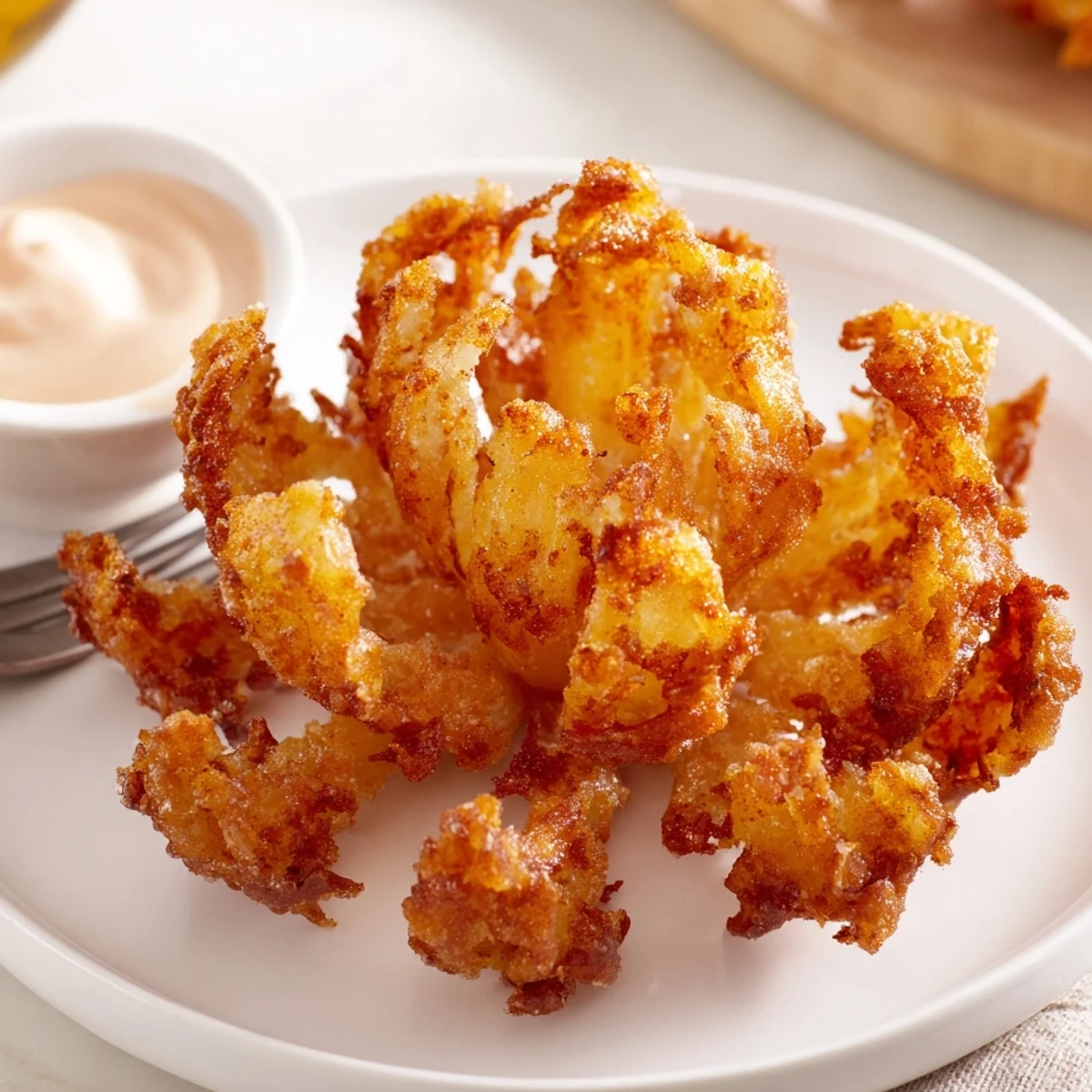 Golden fried petals glisten beside zesty sauce in Crispy Mini Bloomin Onions Recipe