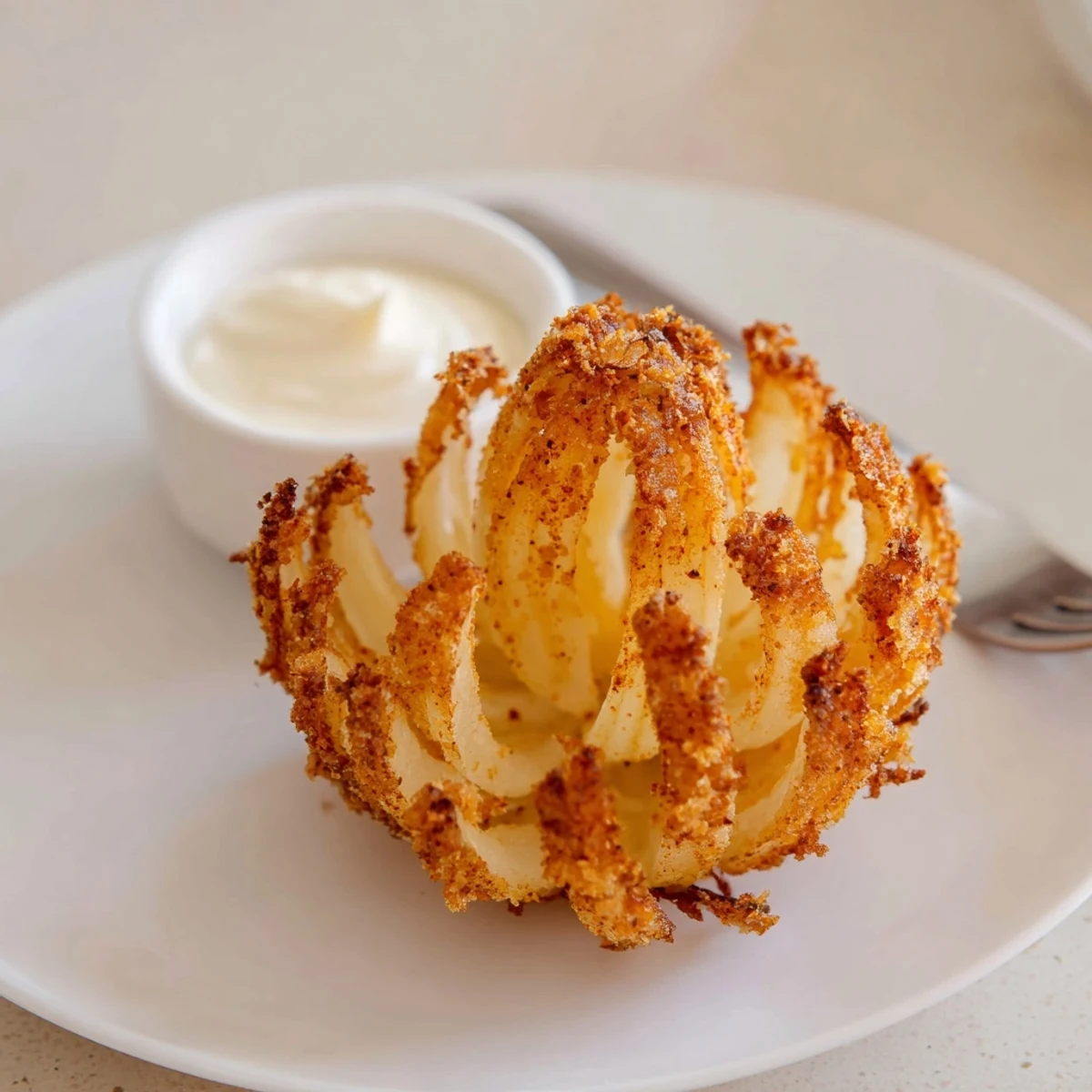 Crispy Mini Bloomin Onions Recipe served warm with creamy horseradish sauce for sharing
