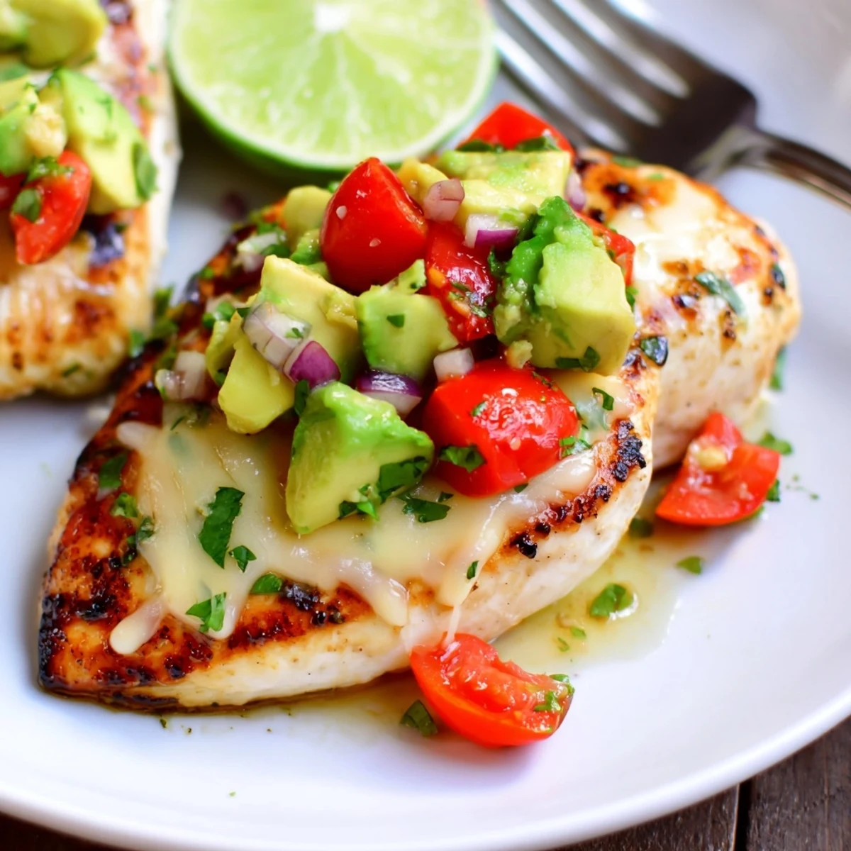 Fiesta Lime Chicken With Avocado served hot, juicy grilled breasts and salsa