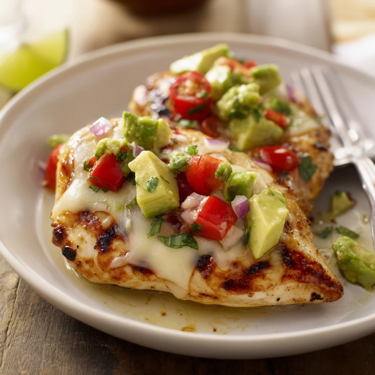Bright Fiesta Lime Chicken With Avocado topped with melted cheese and cilantro
