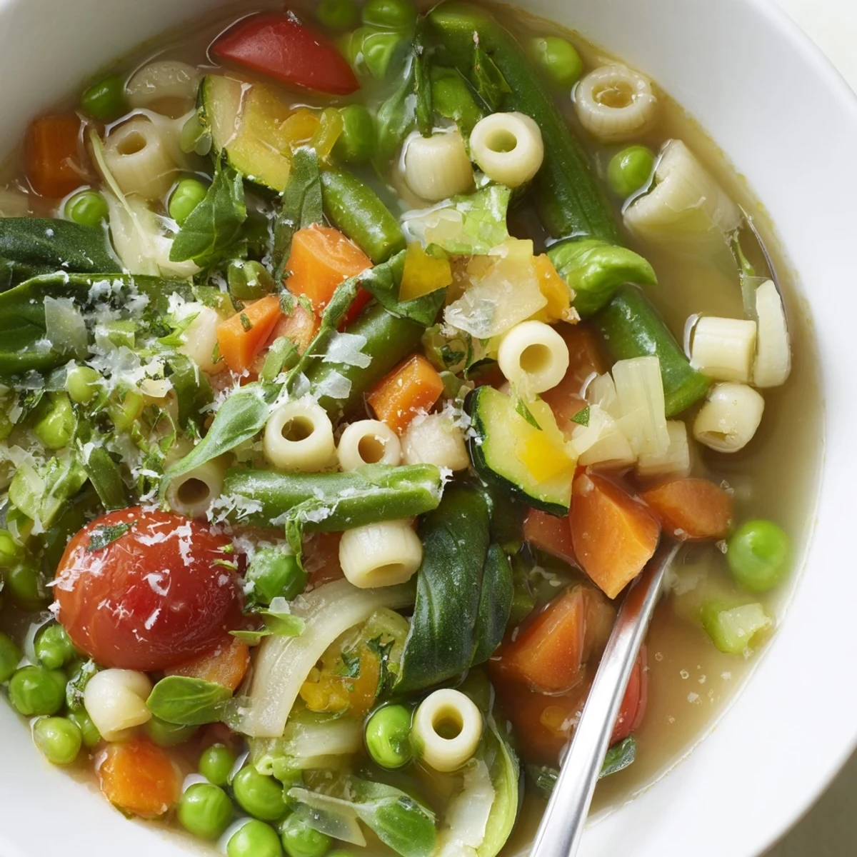 Spring Minestrone Soup Recipe steaming in bowl, fresh herbs and olive oil.