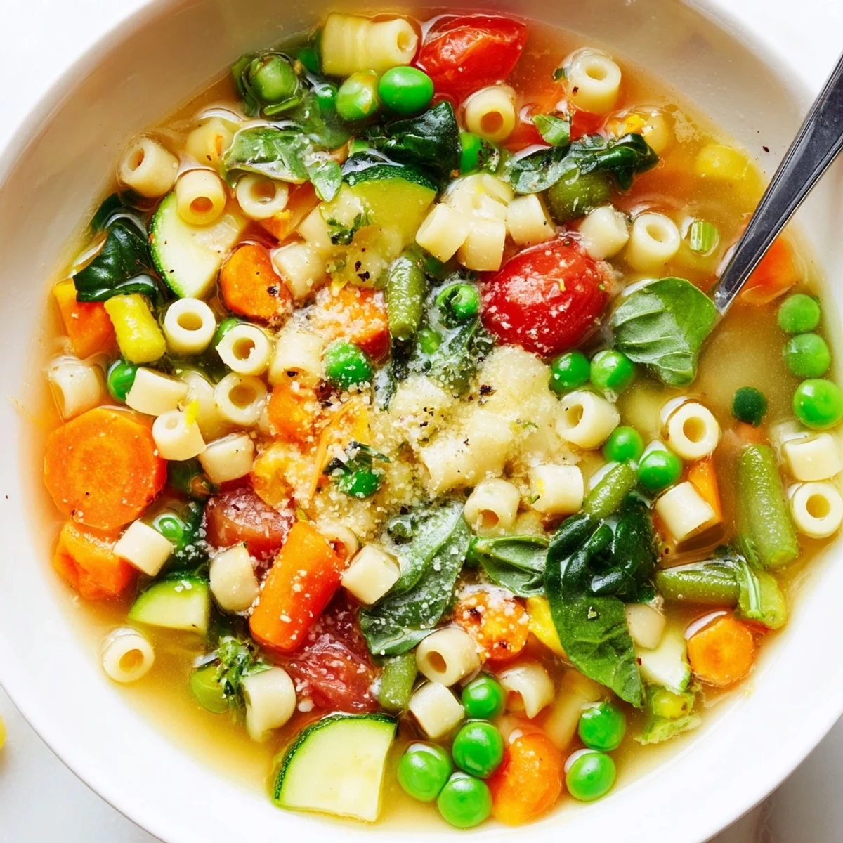 Spring Minestrone Soup Recipe ladled hot, paired with crusty bread and Parmesan.