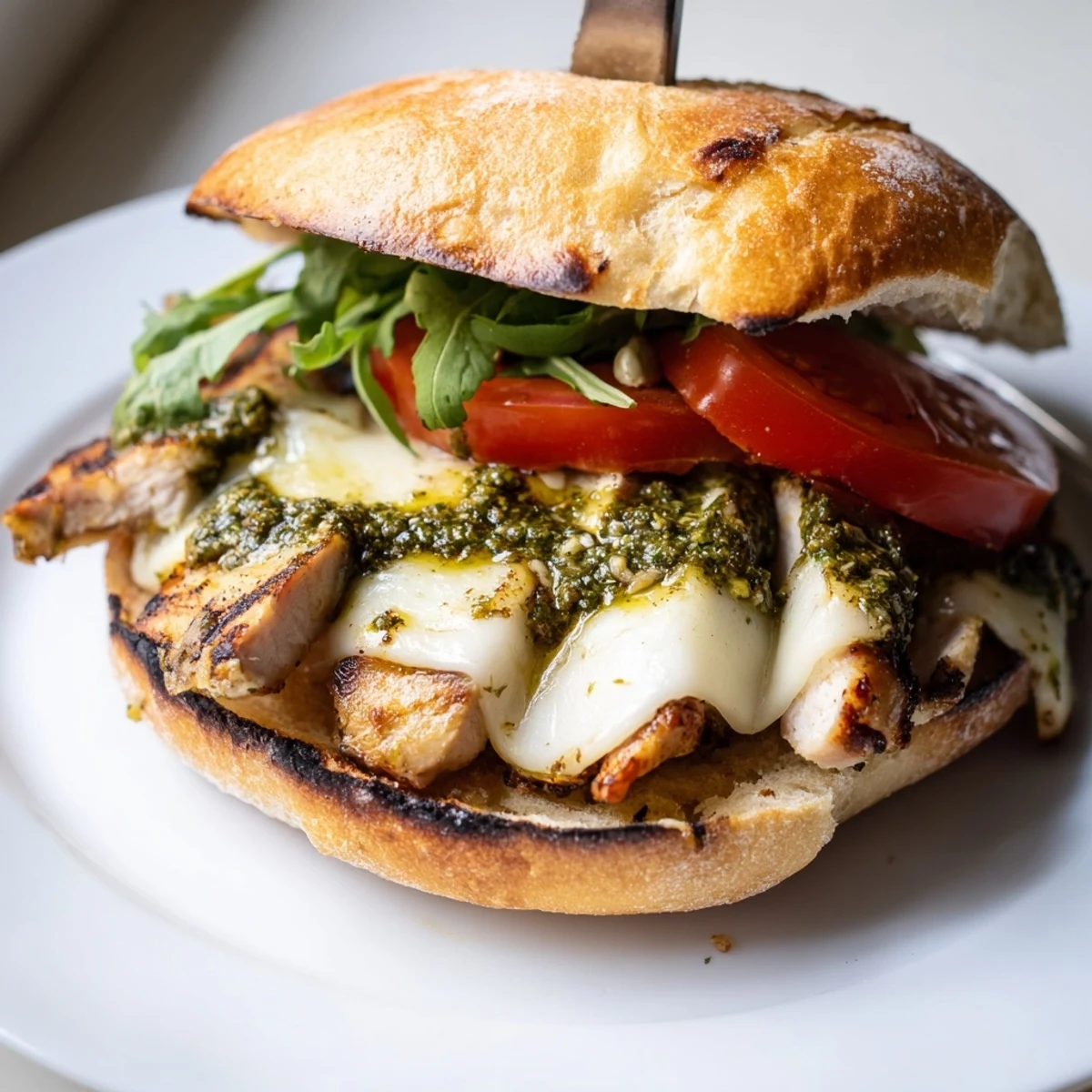 Toasted ciabatta cradles a Chicken Pesto Sandwich with juicy chicken and melted mozzarella