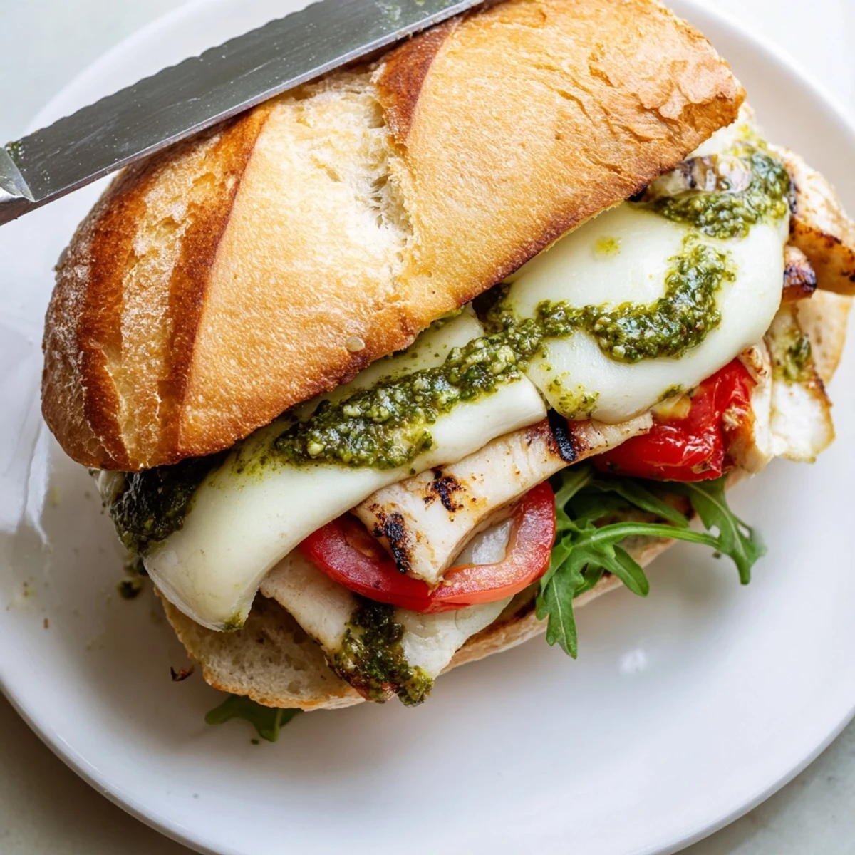 Packable Chicken Pesto Sandwich topped with ripe tomato and peppery arugula for lunch
