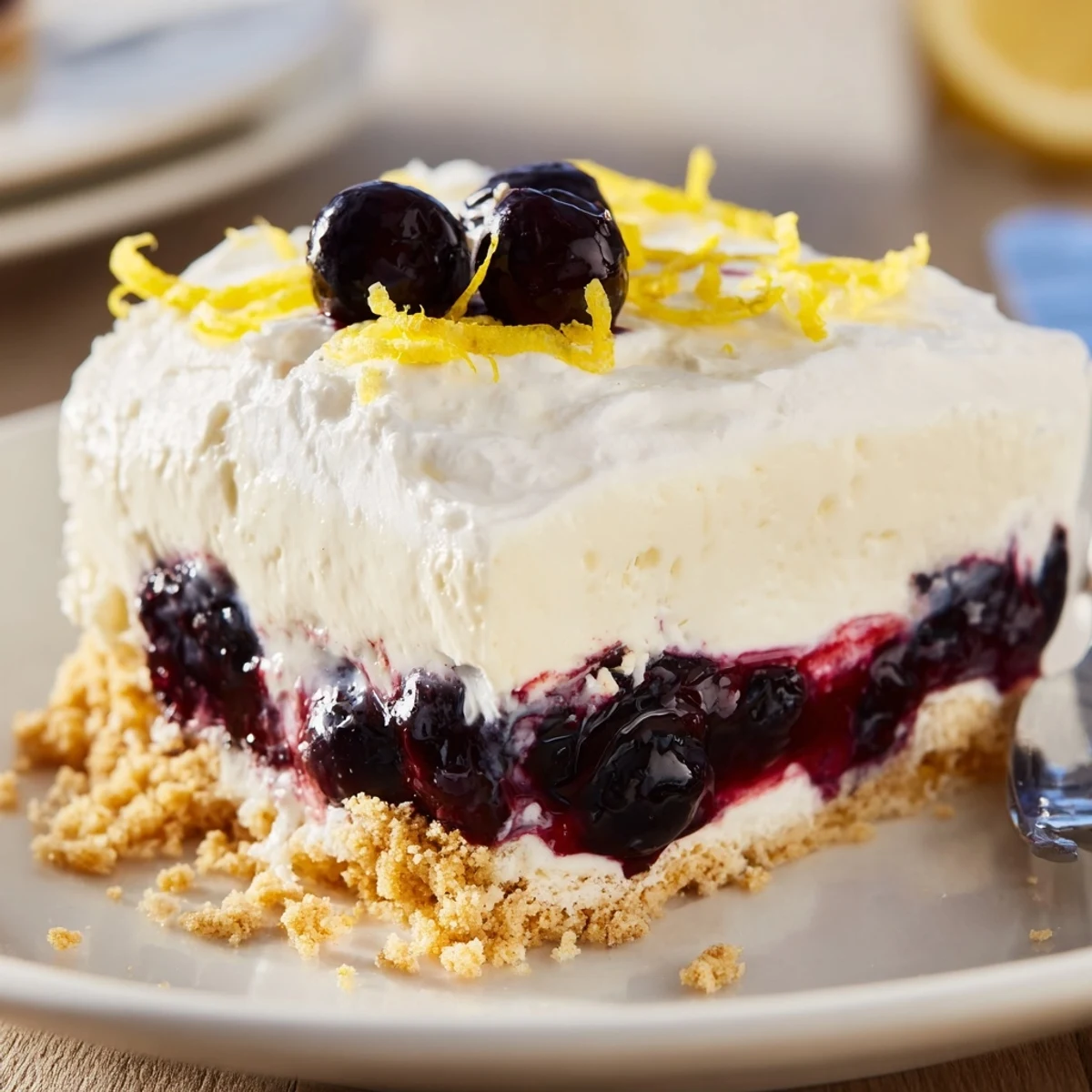 Lemon Blueberry Lasagna Recipe layered with creamy lemon filling and juicy blueberries
