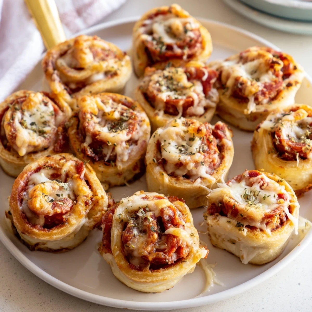 Homemade Pizza Rolls steaming with gooey mozzarella, golden crust, garlic butter sheen.
