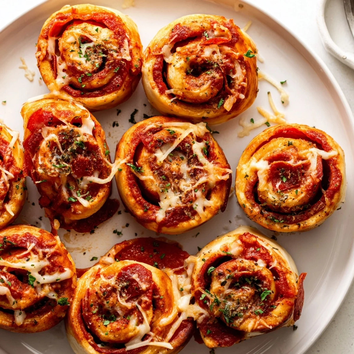 Homemade Pizza Rolls with crispy edges, tangy sauce, pepperoni, aromatic herbs.