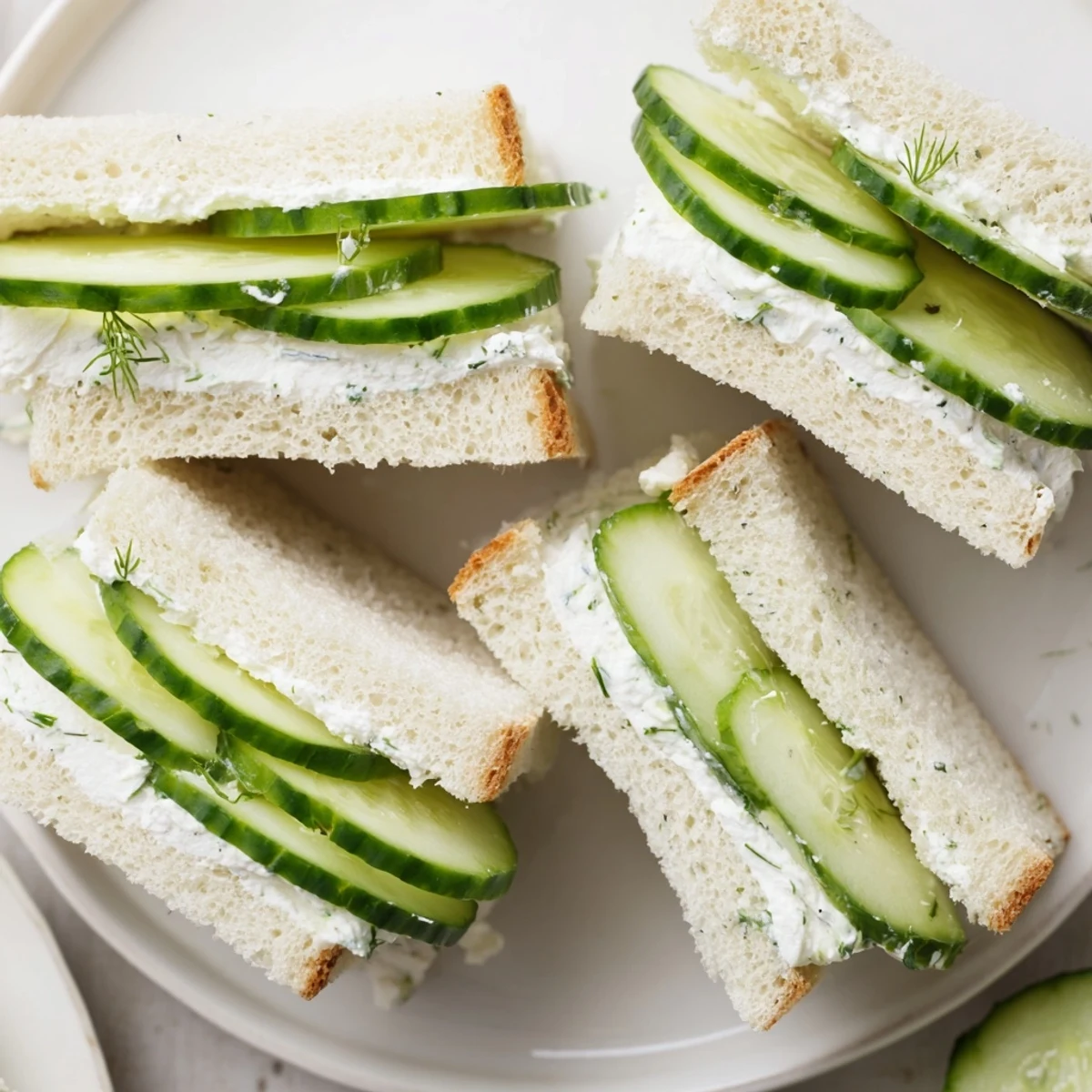 Tea time Classic Cucumber Sandwiches cut into triangles, dill flecks and soft texture visible