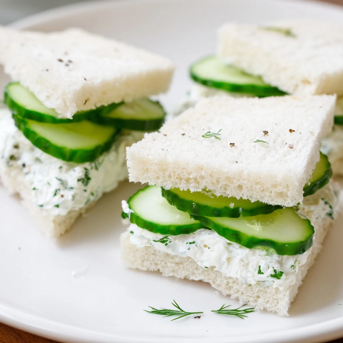Stack of Classic Cucumber Sandwiches showing soft white bread and creamy herbed filling