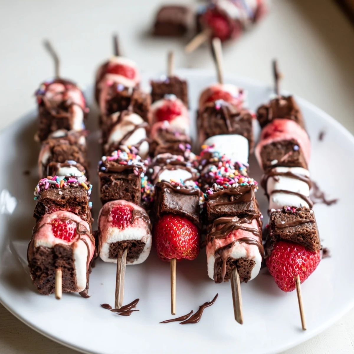 Platter of Sweet Strawberry Brownie Kabobs drizzled with chocolate and sprinkles