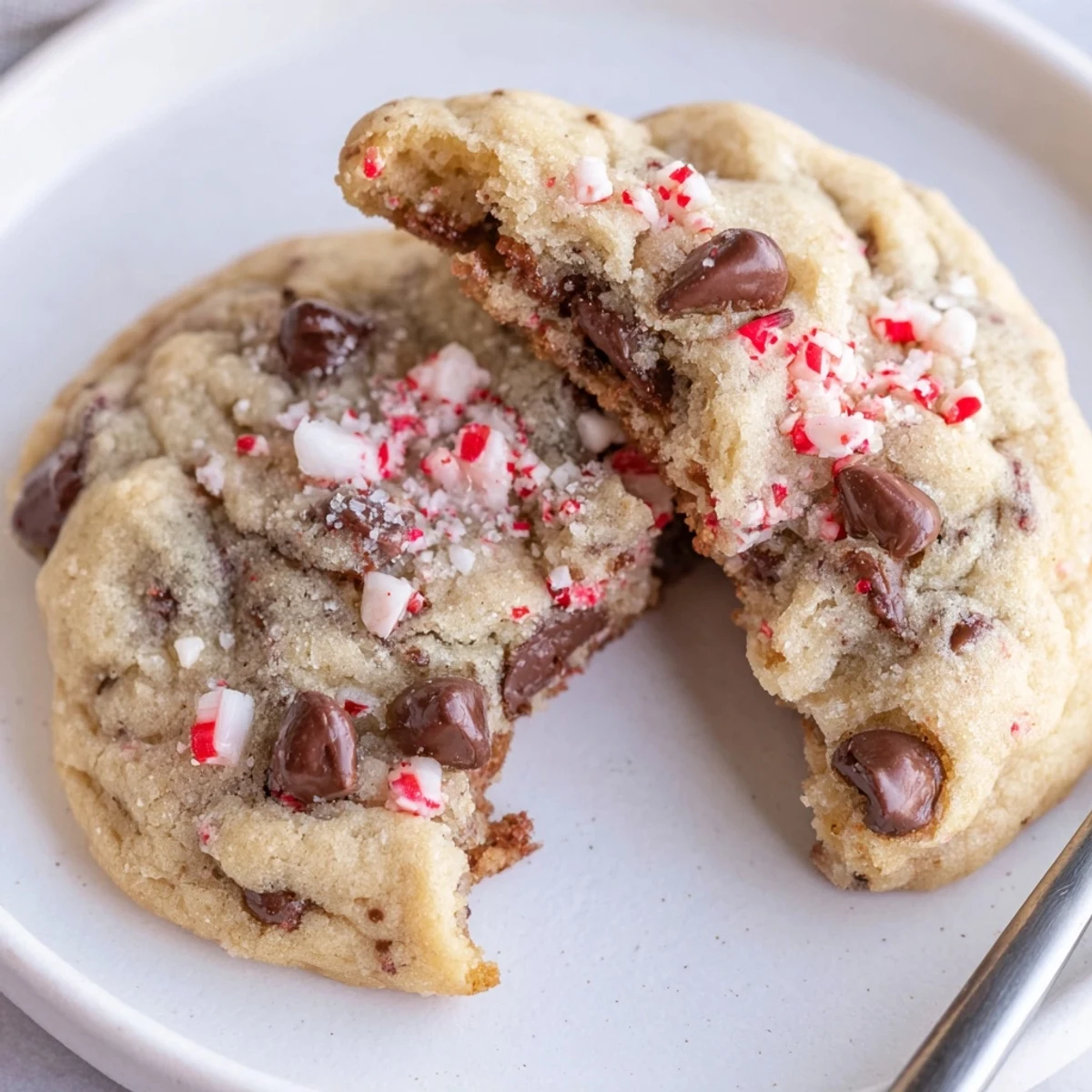 Stack of Peppermint Chocolate Chip Cookies on festive plate, crisp edges, soft centers