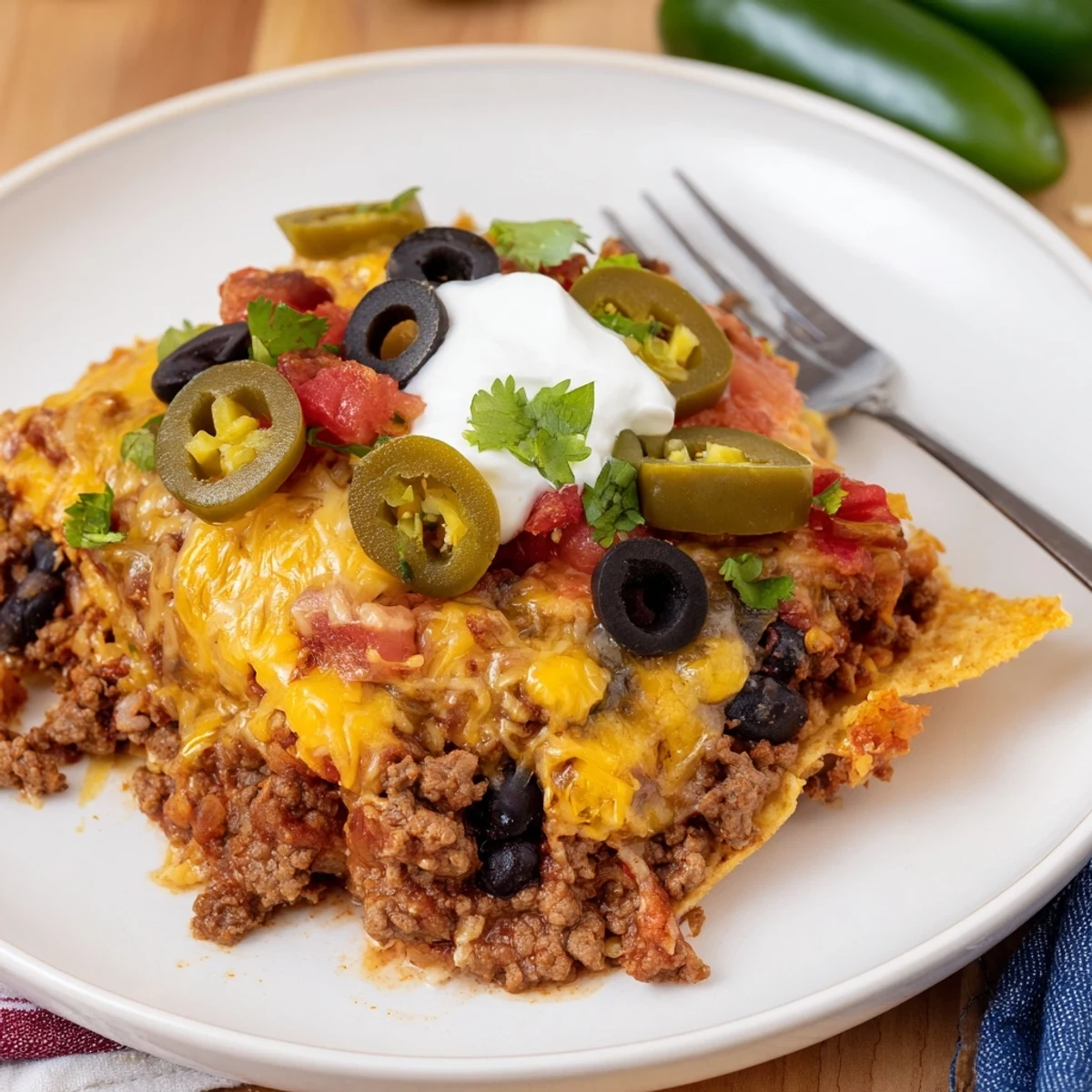 Cheesy Nacho Casserole bubbling golden with melted cheese, cilantro, jalapeño garnish