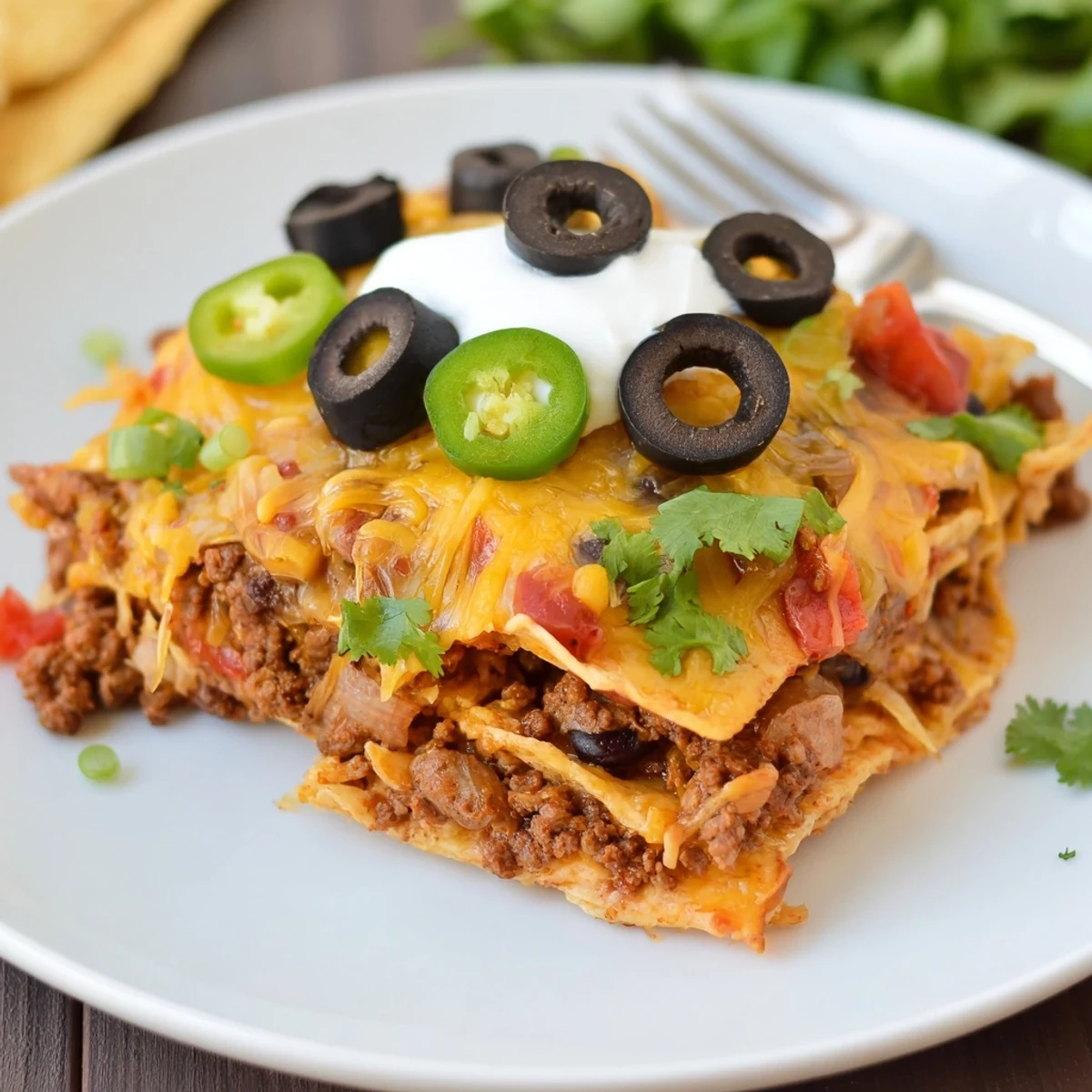 Warm Cheesy Nacho Casserole layered with seasoned beef, crunchy chips, tangy salsa